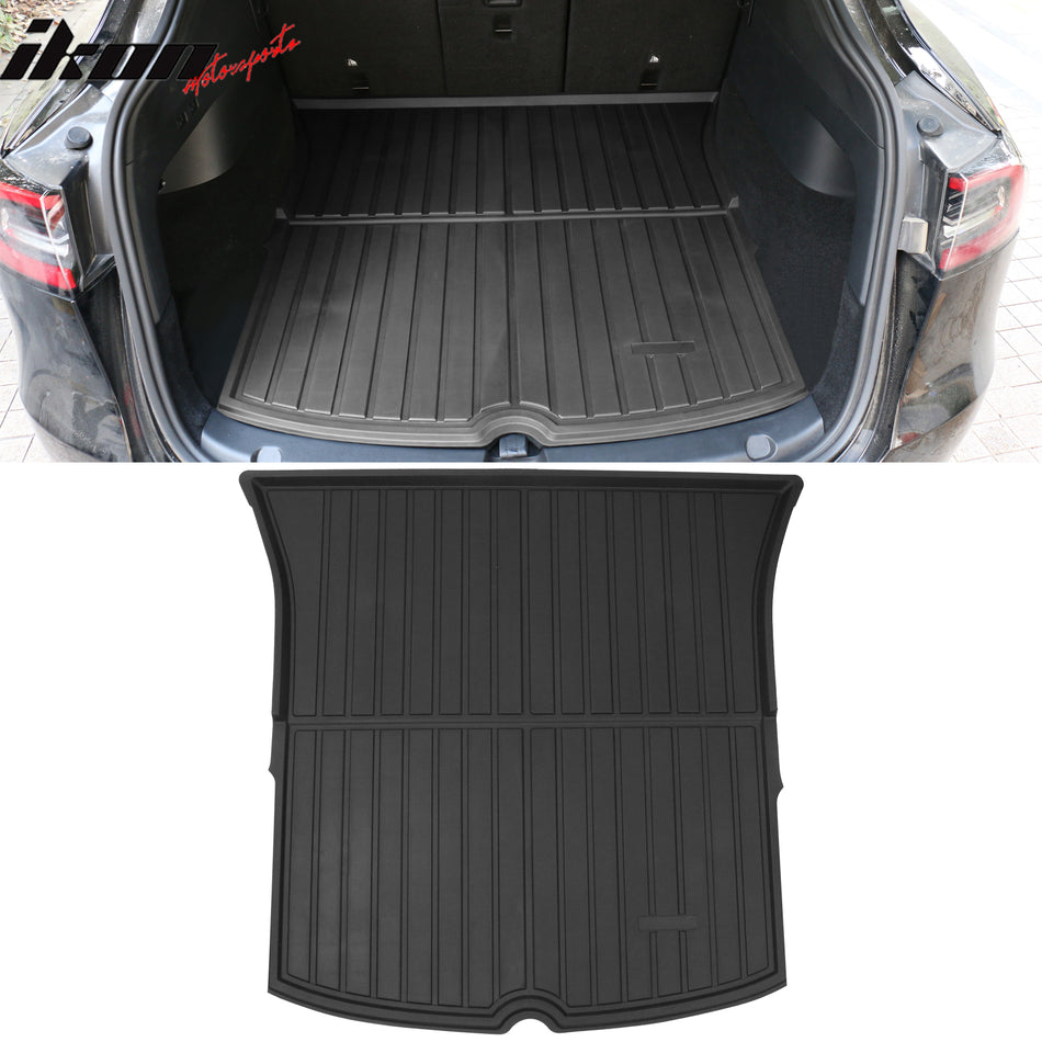 IKON MOTORSPORTS, Trunk Mats Cargo Liner Compatible with 2020-2025 Tesla Model Y, Black Injection TPE All Weather Waterproof Anti-Slip Frunk Trunk Under Cargo Storage Liner Mat Interior Accessories