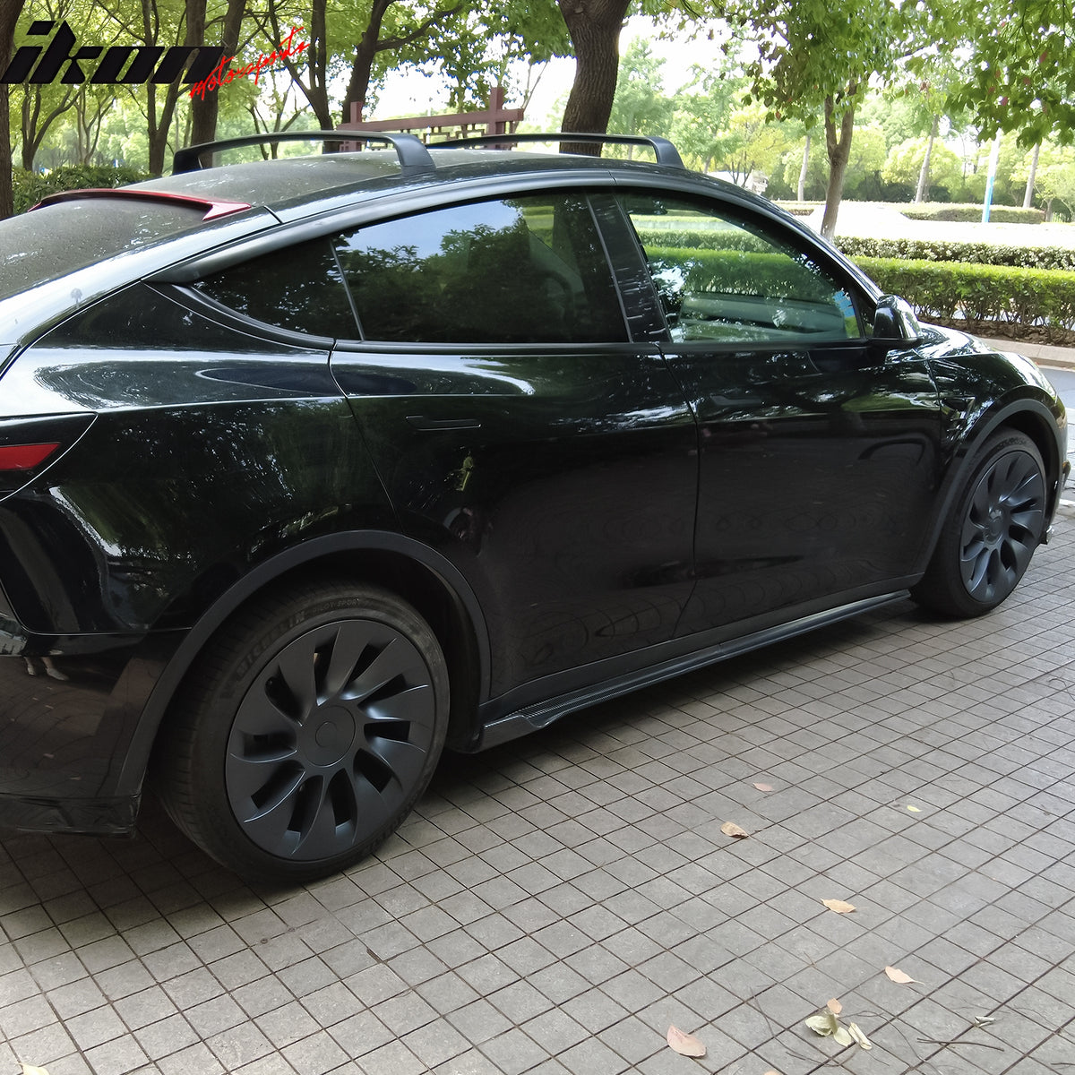 IKON MOTORSPORTS, 20 Inch Wheel Cover Hubcaps Compatible With 2020-2024 Tesla Model Y, Matte Black V1 Style ABS Whirlwind Shaped Hub Caps Wheel Rim Skin Covers Replacement, 4 Pack