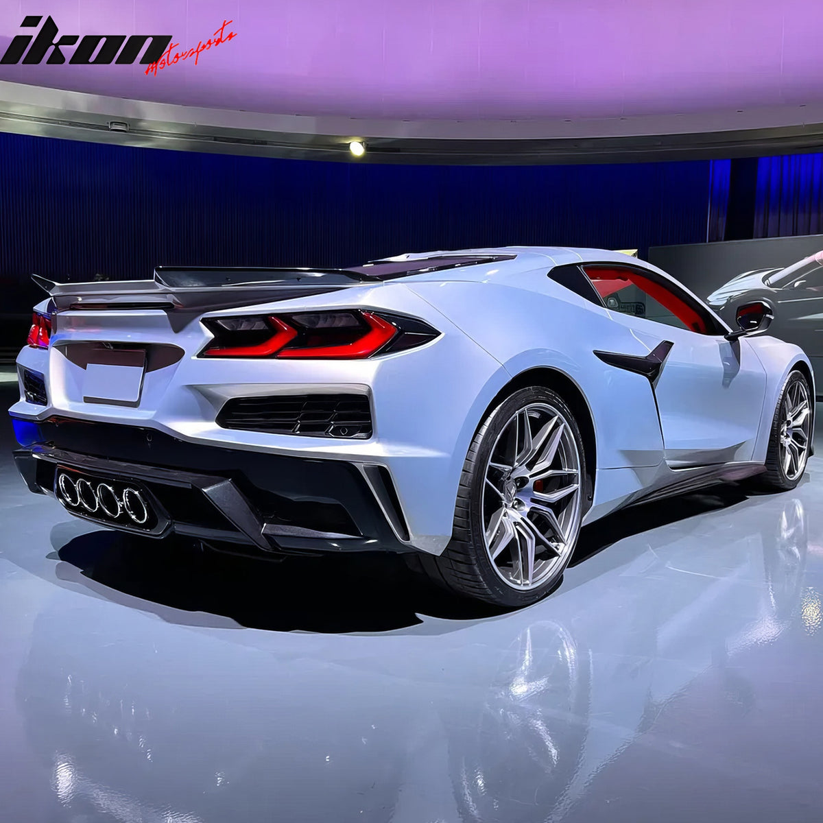 Fits 20-25 Chevy Corvette C8 Rear Diffuser Lip + Silver Quad Exhaust Muffler Kit