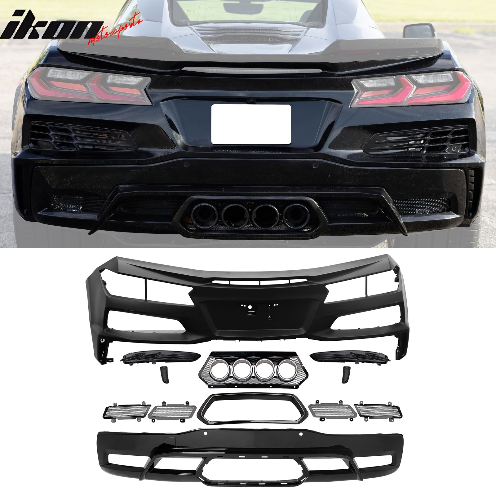 For 20-25 Chevy Corvette C8 Rear Bumper Diffuser Silver Quad Exhaust Muffler Kit