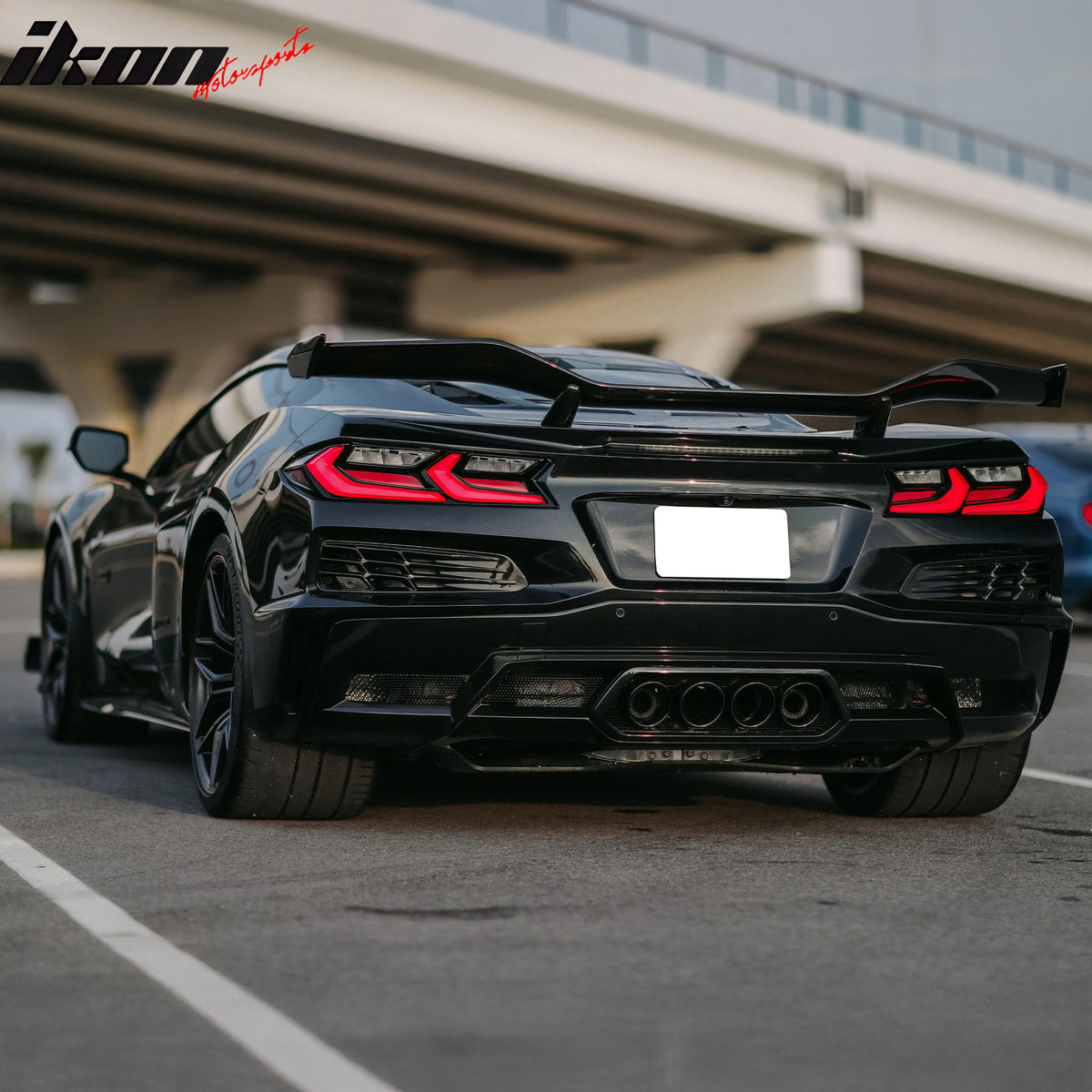 IKON MOTORSPORTS Rear Bumper Diffuser + Black Quad Exhaust Tips W/ Muffler Pipe, Compatible with 2020-2025 Chevy Corvette C8, OE Style Pearl Black PP Rear Bumper Lip Iron Mesh Grille + Exhaust Bezel
