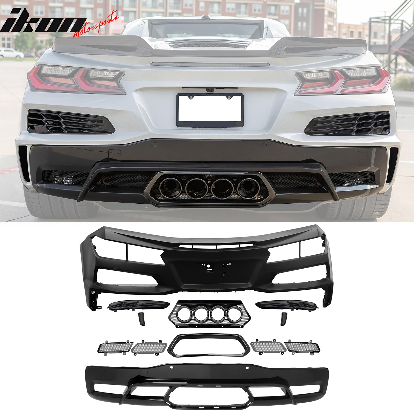 For 20-25 Chevy Corvette C8 Rear Bumper Diffuser Black Quad Exhaust Muffler Kit