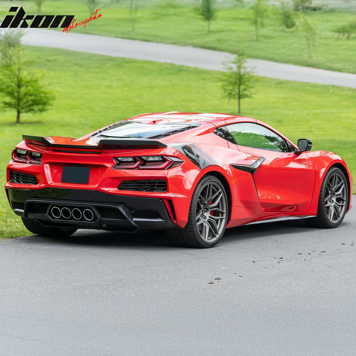 IKON MOTORSPORTS Rear Diffuser Lip + Black Quad Exhaust Tips W/ Grille, Compatible with 2020-2025 Chevy Corvette C8 Z06 E-ray, OE Style Pearl Black PP Rear Bumper Lip Iron Mesh Grille + Exhaust Bezel