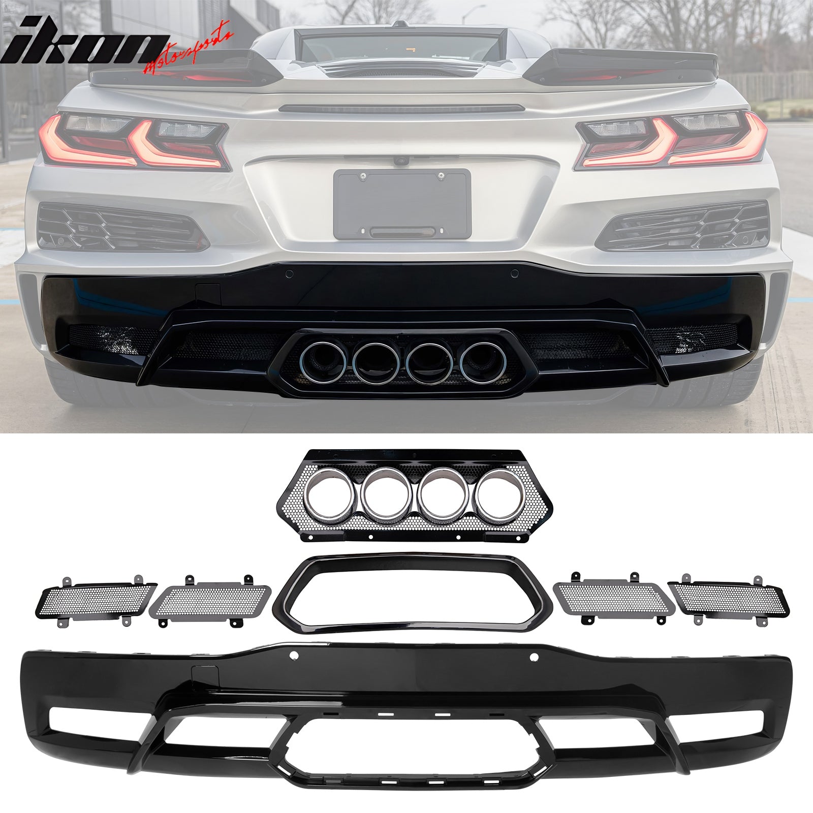 For 20-25 Corvette C8 Rear Bumper Cover + Silver Quad Exhaust Tip Trunk Spoiler