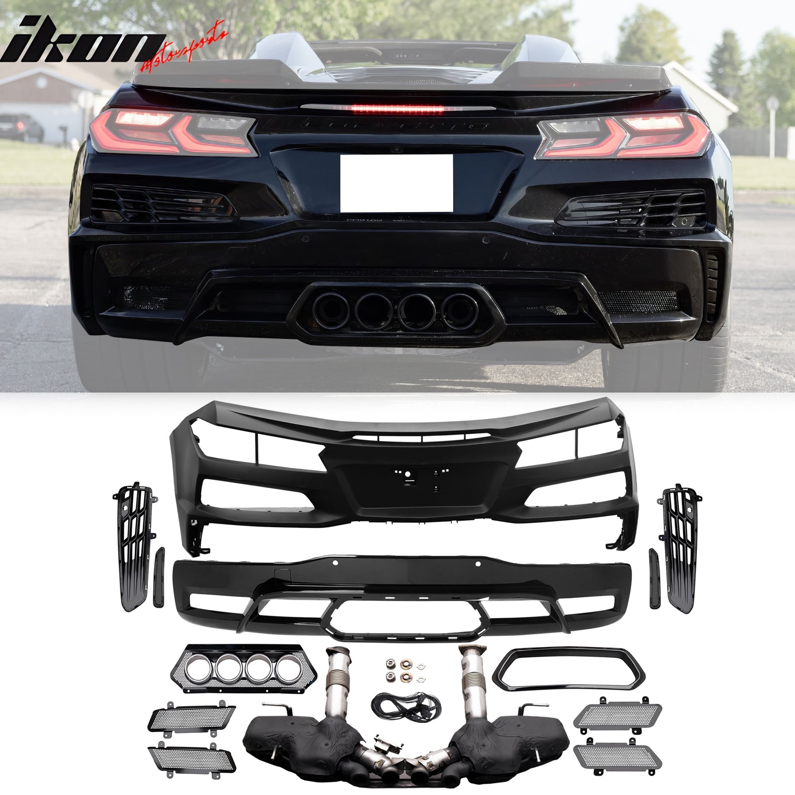 Fits 20-25 Corvette C8 Rear Bumper Black Quad Exhaust Muffler + Trunk Spoiler