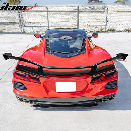 IKON MOTORSPORTS, Trunk Spoiler W/ Primer Black Install Panel + Mount Brackets Compatible with 2020-2025 Chevrolet Corvette C8 Stingray Z51, Z07 Style Pearl Black Aluminum Rear Trunk Lid Spoiler Wing