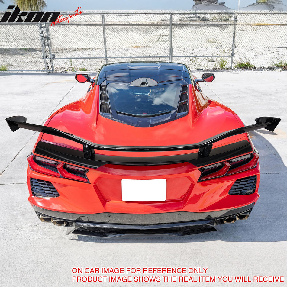 IKON MOTORSPORTS, Trunk Spoiler W/ Install Panel + Mount Brackets Compatible with 2020-2025 Chevrolet Corvette C8 Stingray Z51, Z07 Style Pearl Black Aluminum Rear Trunk Lid Spoiler Wing Lip