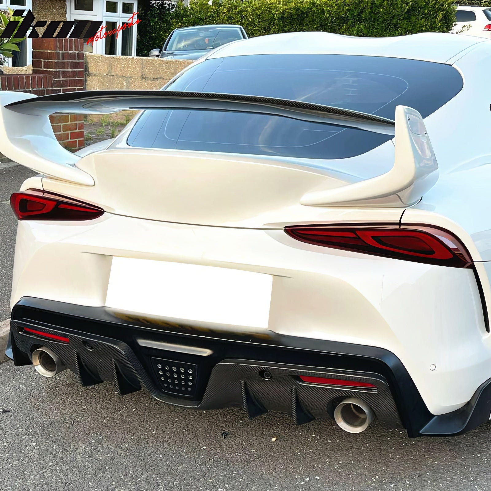 IKON MOTORSPORTS Real Carbon Fiber Rear Diffuser, Compatible with 2020-2026 Toyota GR Supra A90 A91, AG Style Gloss Shark Fin Rear Bumper Valance Spoiler, Air Dam Chin Splitter Molding 4PCS