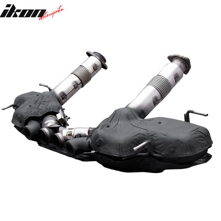 IKON MOTORSPORTS Exhaust System W/ Quad Tail Pipe, Compatible with 2020-2025 Chevrolet Corvette C8, Z06 OE Style Black Stainless Steel Aluminium Heat Shield Center Exit Quad Exhaust Tips Replacement