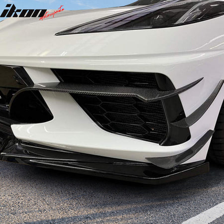IKON MOTORSPORTS, Front Bumper Canards Splitters Compatible With 2020-2025 Chevrolet Corvette C8 Stingray & Z51, IKON Style Air Dam Chin Bodykit Spoiler Valance Canards CF Real Carbon Fiber Pair