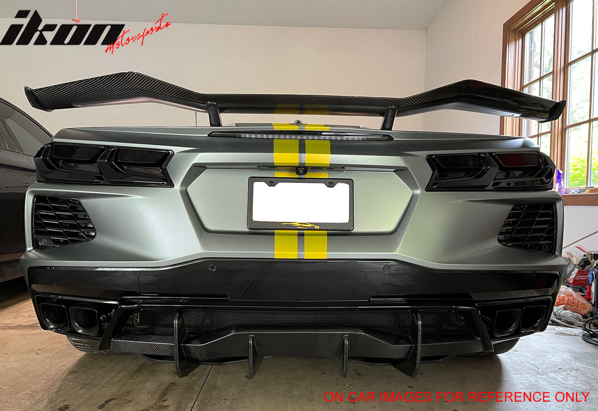 IKON MOTORSPORTS Rear Diffuser, Compatible with 2020-2025 Chevy Corvette C8 Stingray/Z51/E-RAY, IKON Style Carbon Fiber Paint ABS Shark Fin Rear Bumper Valance Spoiler, Air Dam Chin Splitter Molding