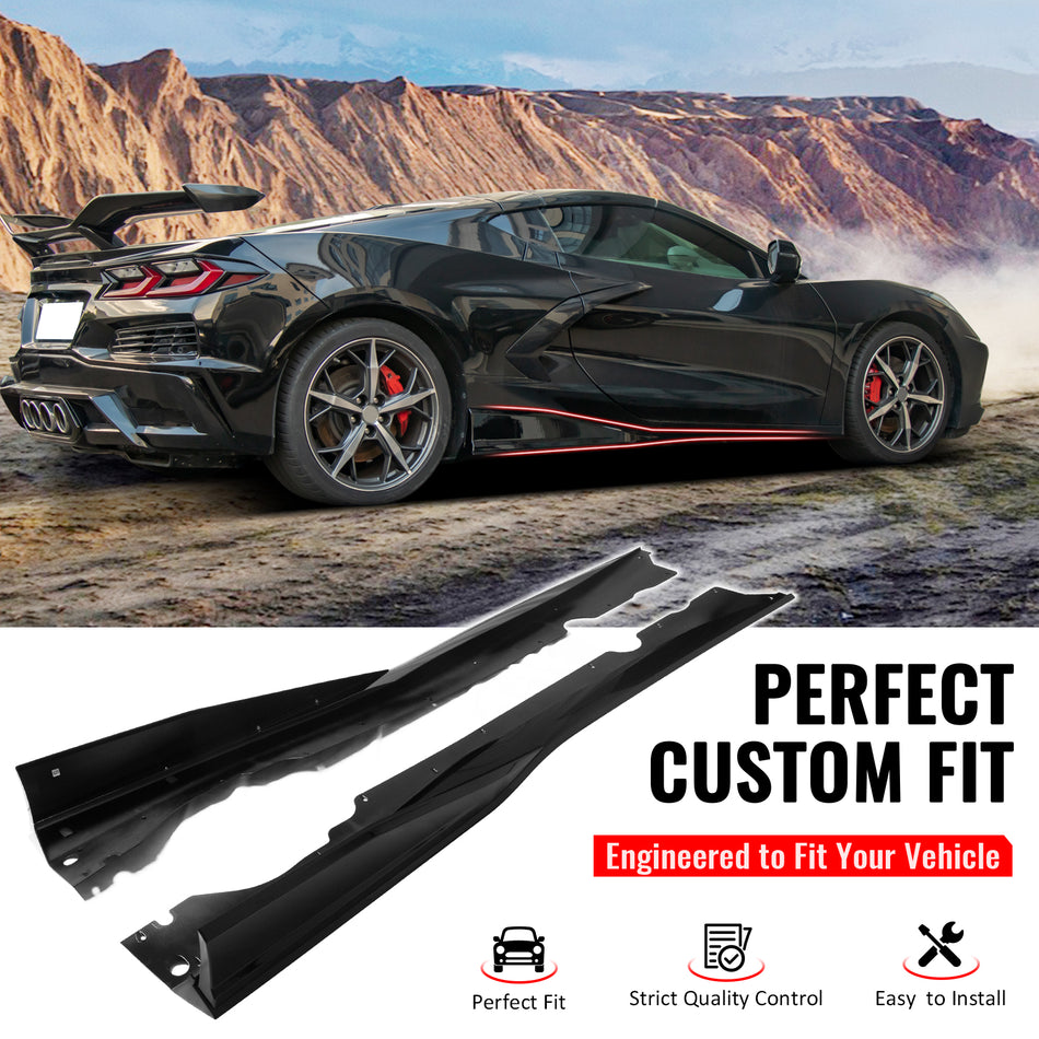 IKON MOTORSPORTS, Side Skirts Extension Compatible with 2020-2025 Chevy Corvette C8 Stingray/Z51/Z06/E-Ray, IKON V1 A Style PP Gloss Black Rocker Panel Splitter Side Underbody Spoiler
