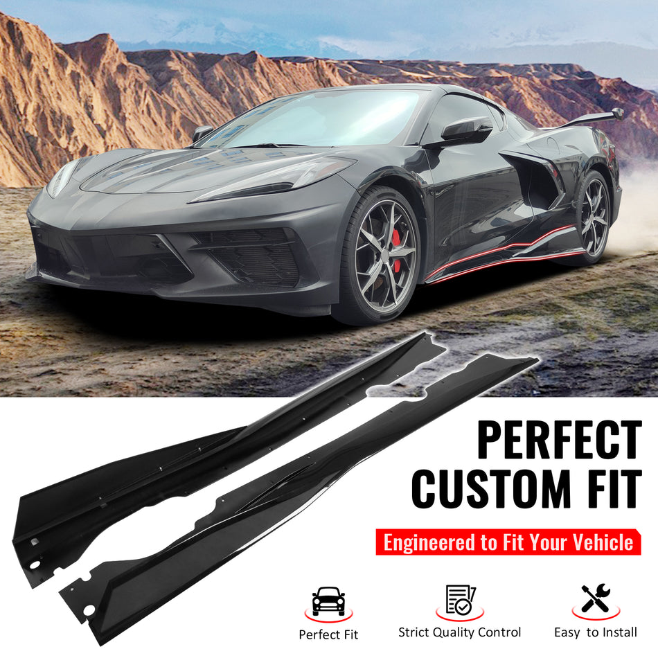 IKON MOTORSPORTS, Side Skirts Extension Compatible with 2020-2025 Chevy Corvette C8 Stingray/Z51/Z06/E-Ray, IKON V1 B Style PP Gloss Black Rocker Panel Splitter Side Underbody Spoiler