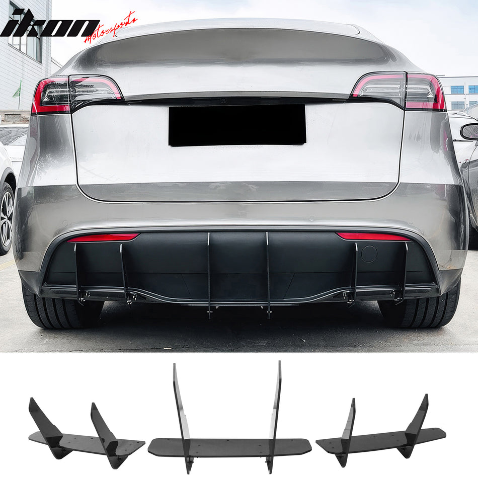 2020-2025 Tesla Model Y 3PCS Rear Bumper Lip Diffuser Shark Fin Lower Valance Exterior Auto Parts IKON Style Painted Gloss Black ABS Plastic