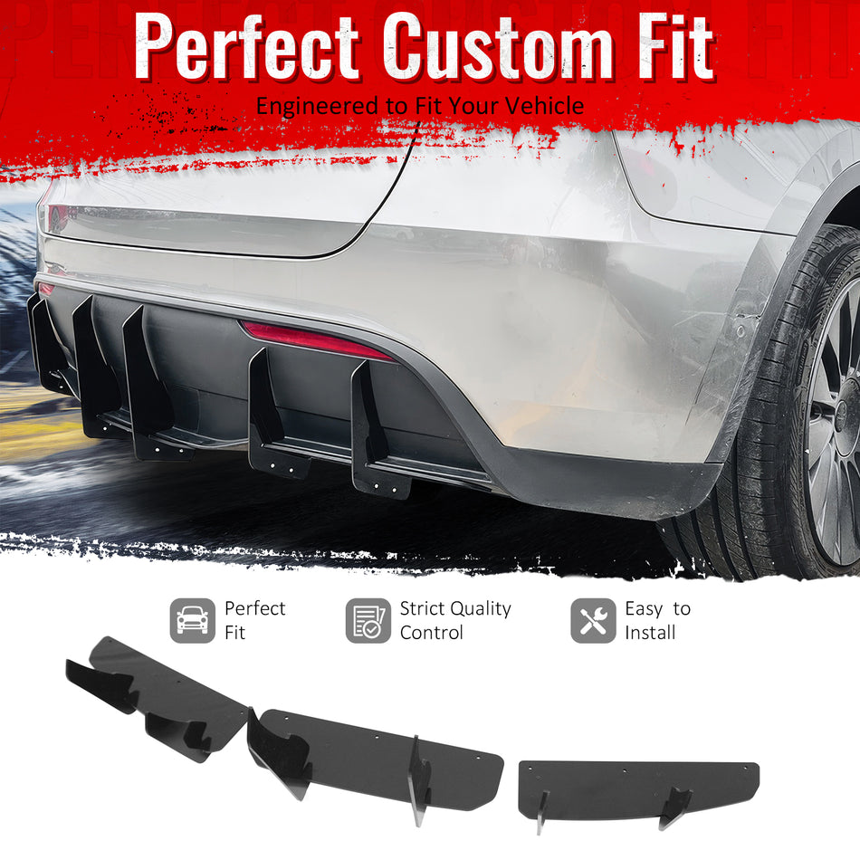 IKON MOTORSPORTS Rear Diffuser, Compatible with 2020-2025 Tesla Model Y (Not Fit Model Y Juniper), IKON Style Gloss Black ABS Shark Fin Rear Bumper Valance Spoiler, Air Dam Chin Splitter Molding 3PCS