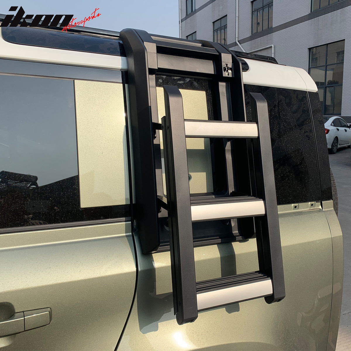 IKON MOTORSPORTS Side Foldable Liftable Window Ladder, Compatible with 2020-2026 Land Rover Defender 90 110 130, Aluminum ABS Black Silver Truck Roof Climbing Step Luggage Rack Ladder Accessories