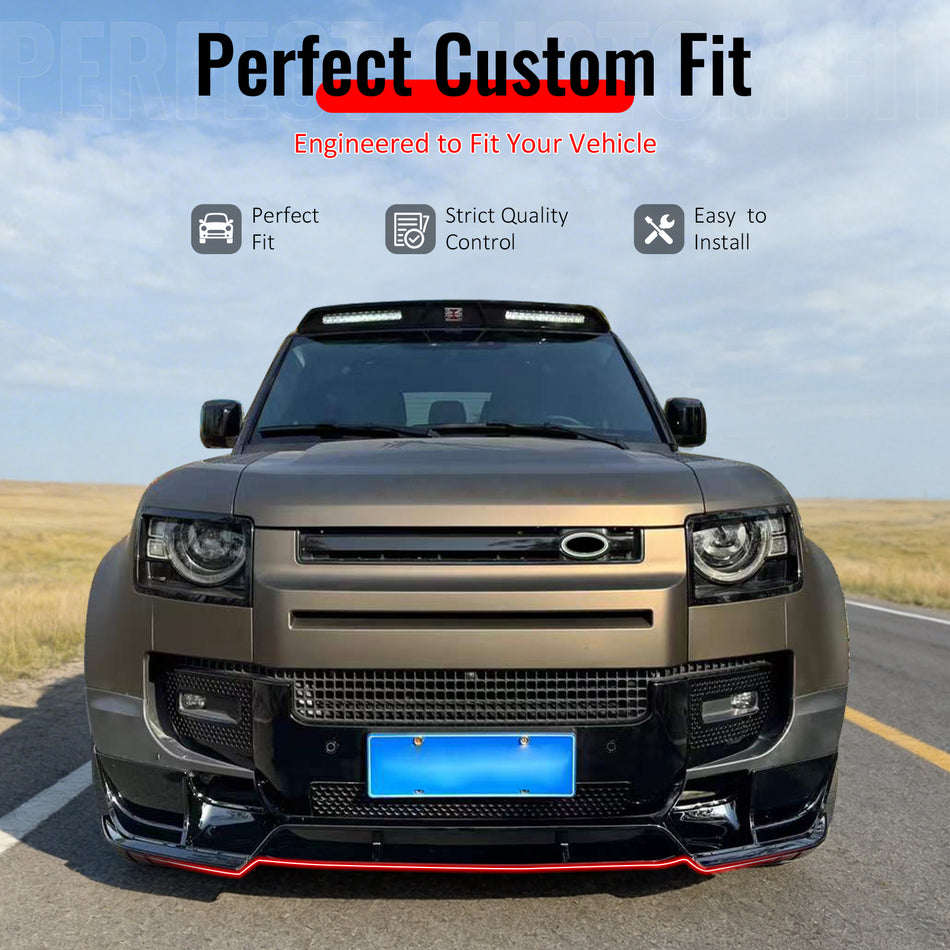 IKON MOTORSPORTS Front Bumper Lip, Compatible with 2020-2026 Land Rover Defender 90/110/130, IKON V1 Style Gloss Black ABS Plastic Air Dam Chin Spoiler Protector Splitter 4PCS