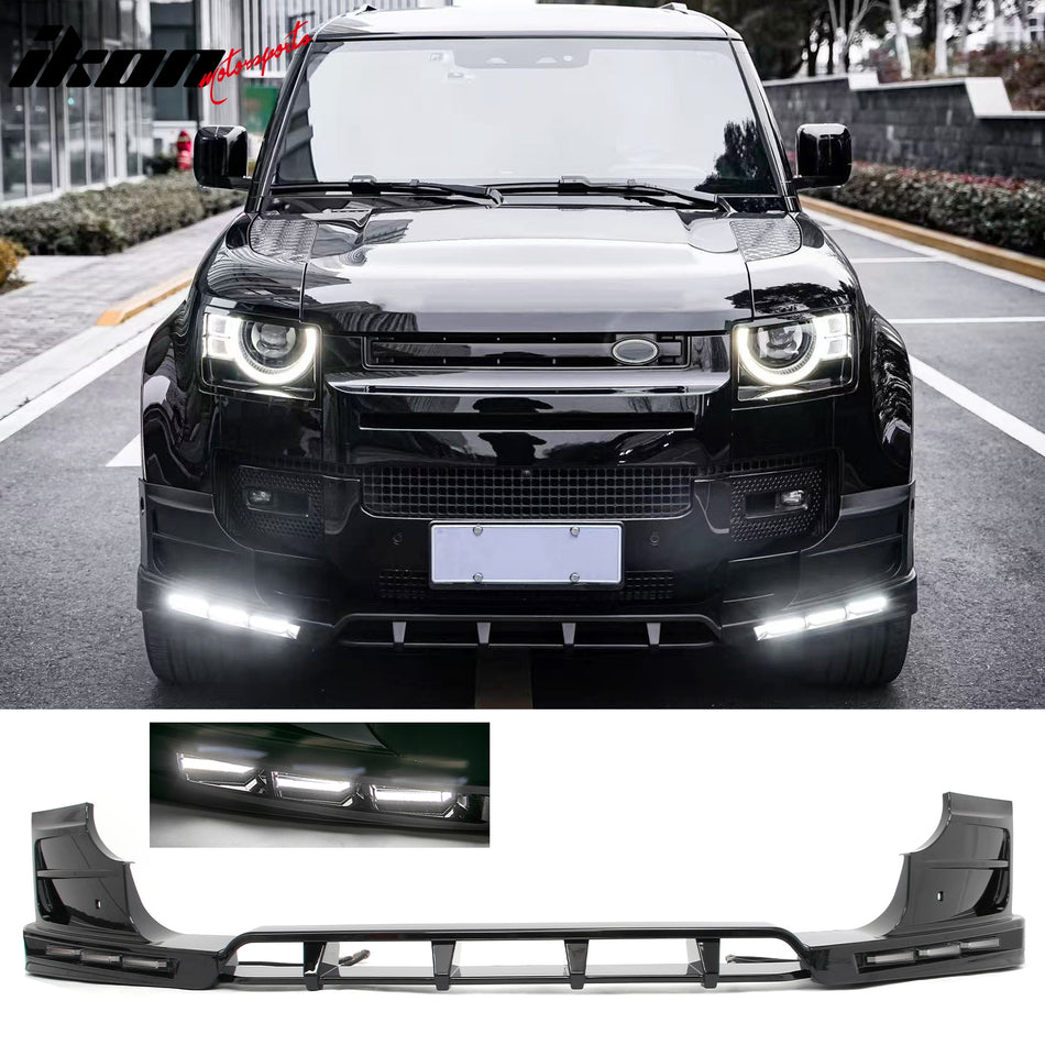 2020-2026 Land Rover Defender 90/110/130 Front Bumper Lip with LED Daytime Running Light IKON V2 Style Gloss Black ABS Spoiler Protector Splitter 4PC