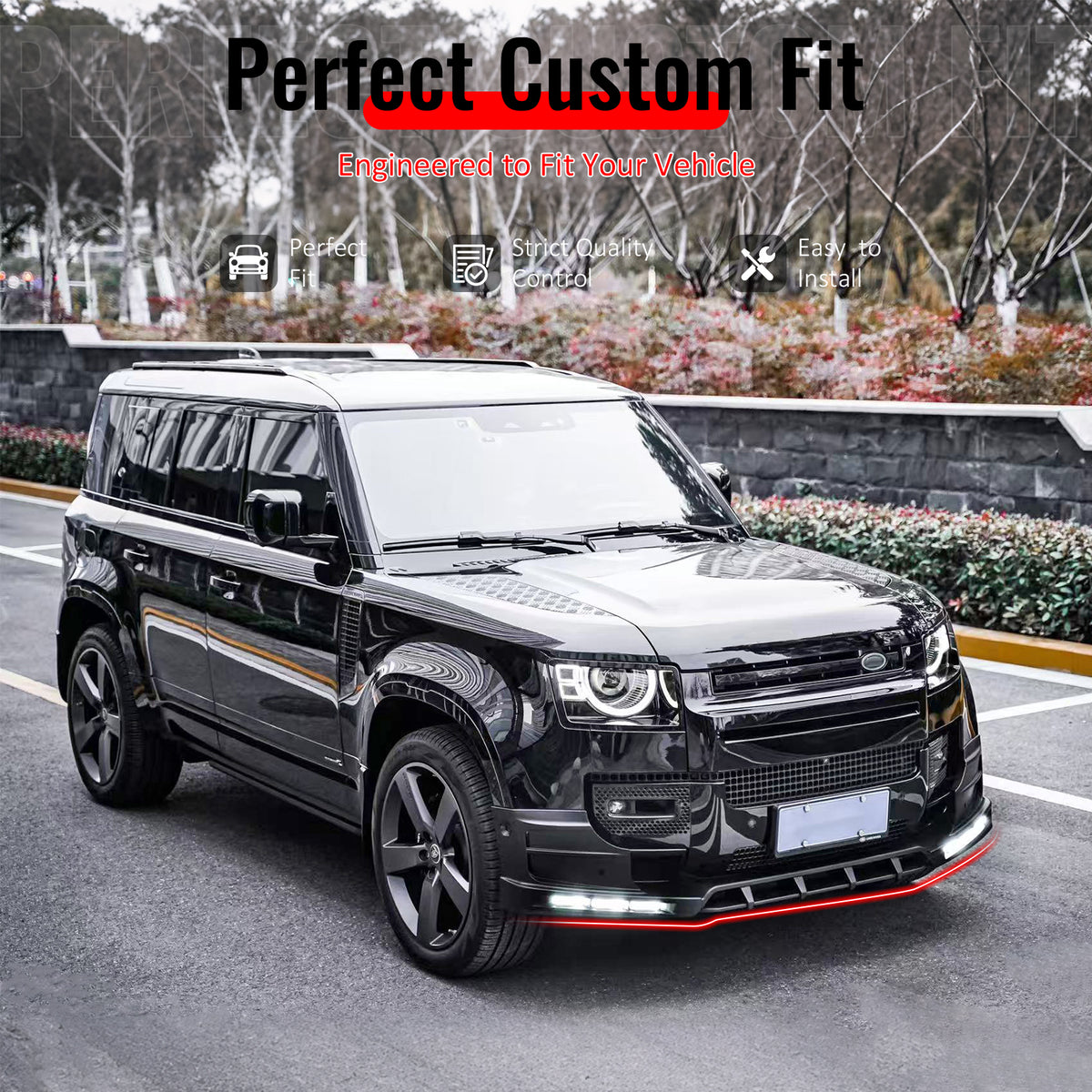 IKON MOTORSPORTS Front Bumper Lip with LED Daytime Running Light, Compatible with 2020-2026 Land Rover Defender 90/110/130, IKON V2 Style Gloss Black ABS Air Dam Chin Spoiler Protector Splitter 4PCS