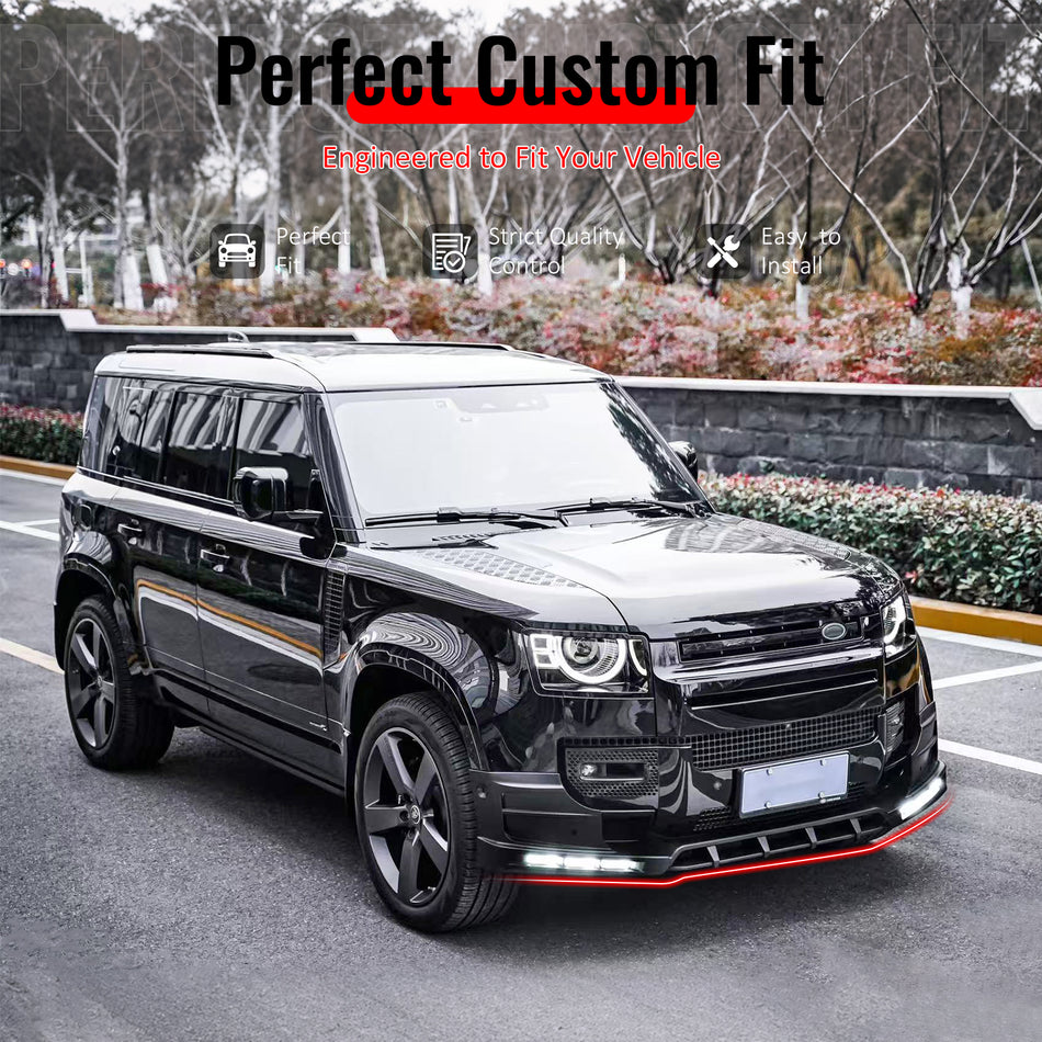 IKON MOTORSPORTS Front Bumper Lip with LED Daytime Running Light, Compatible with 2020-2026 Land Rover Defender 90/110/130, IKON V2 Style Gloss Black ABS Air Dam Chin Spoiler Protector Splitter 4PCS