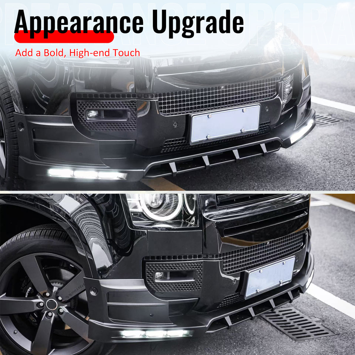 Fits 20-26 Land Rover Defender 90/110/130 Front Bumper Lip Gloss LED DRL Spoiler