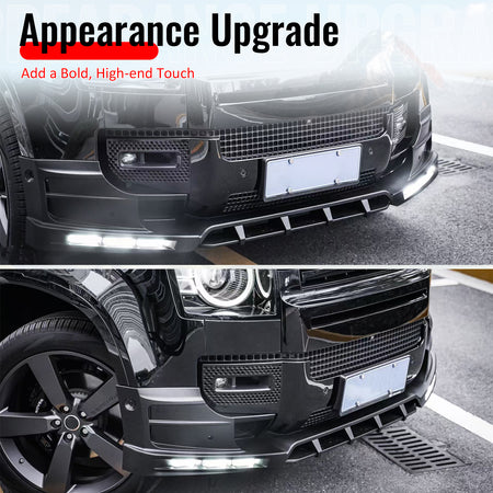 Fits 20-26 Land Rover Defender 90/110/130 Front Bumper Lip Gloss LED DRL Spoiler