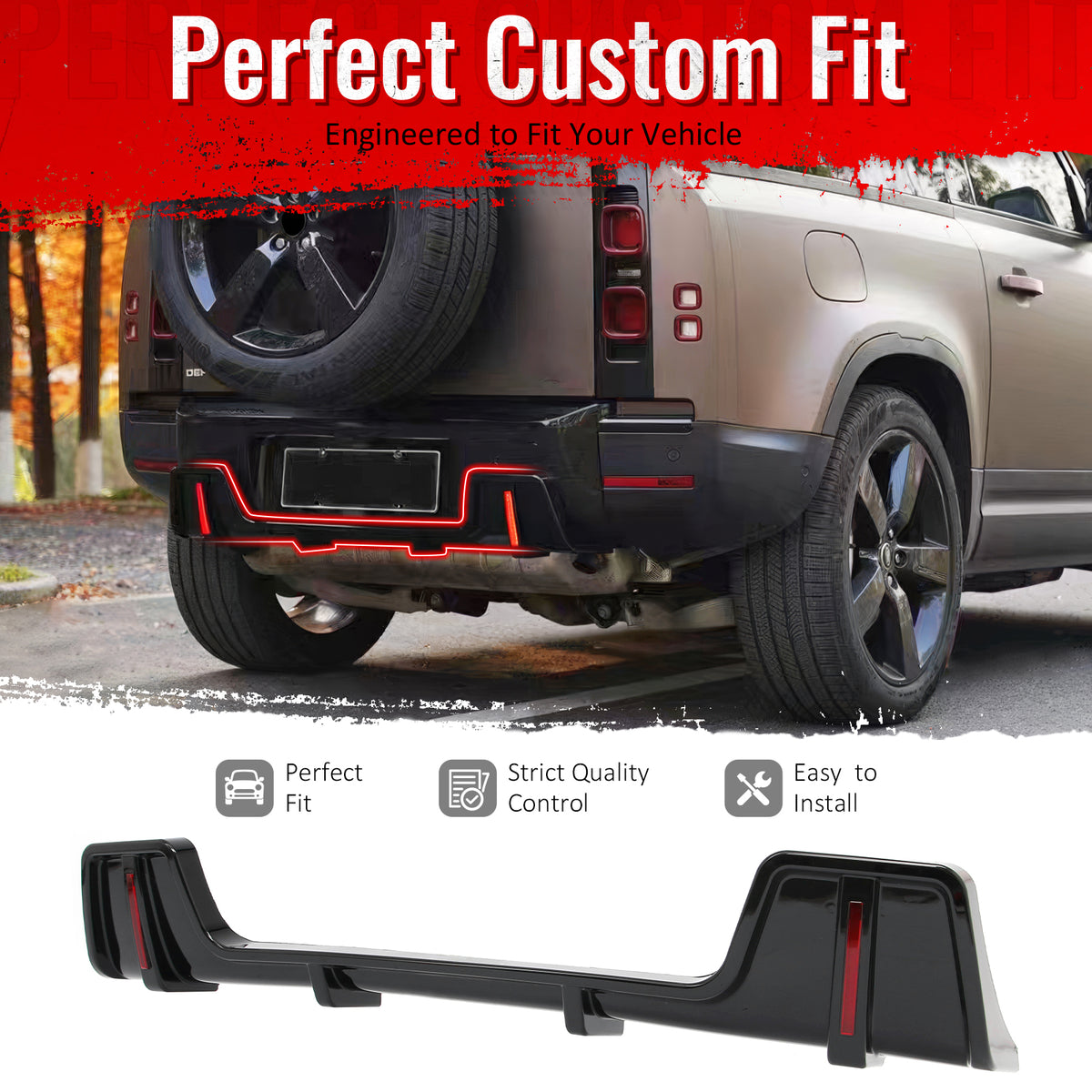 IKON MOTORSPORTS Rear Bumper Lip with LED Brake Light, Compatible with 2020-2026 Land Rover Defender 90/110/130,  IKON Style PP Gloss Black Rear Lower Spoiler Air Dam Chin Valance Splitter 1PC