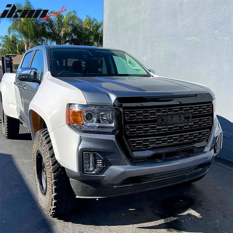 IKON MOTORSPORTS Front Upper Grille, Compatible with 2021-2022 GMC Canyon, Denali Style Gloss Black Replacement Front Bumper Hood Grill
