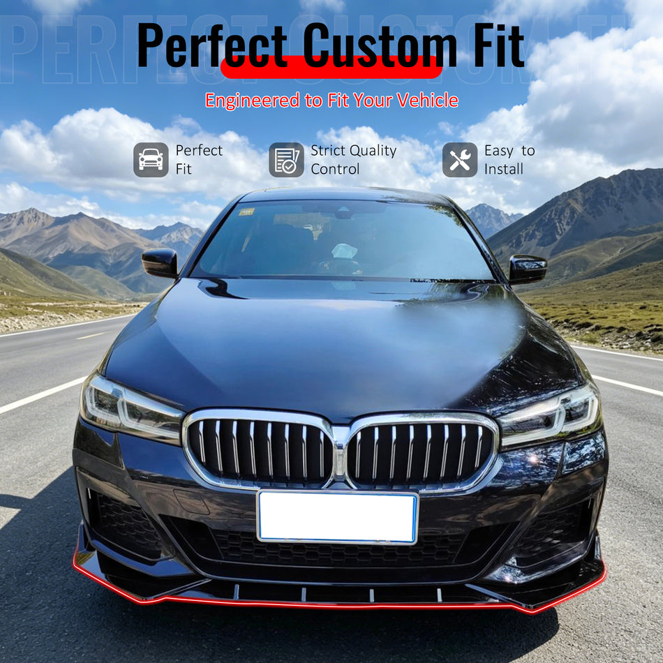 IKON MOTORSPORTS Front Bumper Lip, Compatible with 2021-2023 BMW G30 5 Series Facelift Sedan M Sport Package, IKON Style Carbon Fiber Print PP Add-on Air Dam Chin Spoiler Protector Splitter 3PCS