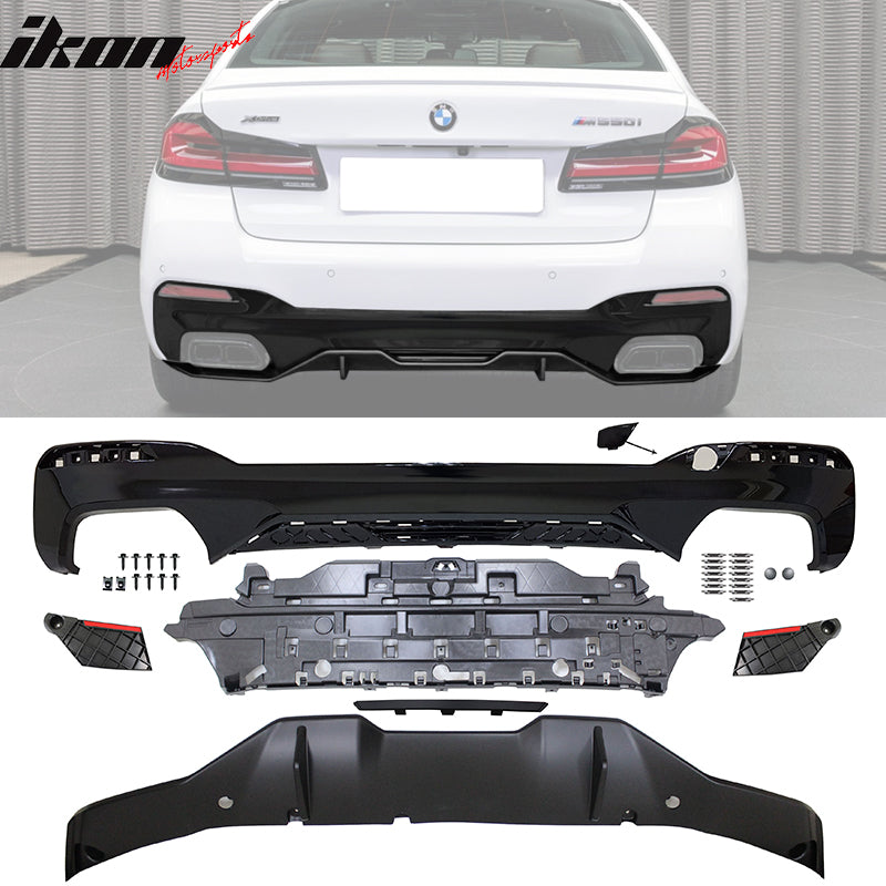 IKON MOTORSPORTS, Rear Diffuser Compatible With 2021-2023 BMW G30 G31 LCI 5-Series M550i, Rear Bumper Lip Diffuser Added on Bodykit Replacement MP Style Unpainted Black