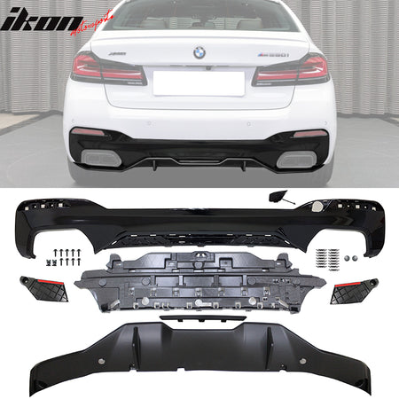 IKON MOTORSPORTS, Rear Diffuser Compatible With 2021-2023 BMW G30 G31 LCI 5-Series M550i, Rear Bumper Lip Diffuser Added on Bodykit Replacement MP Style Unpainted Black