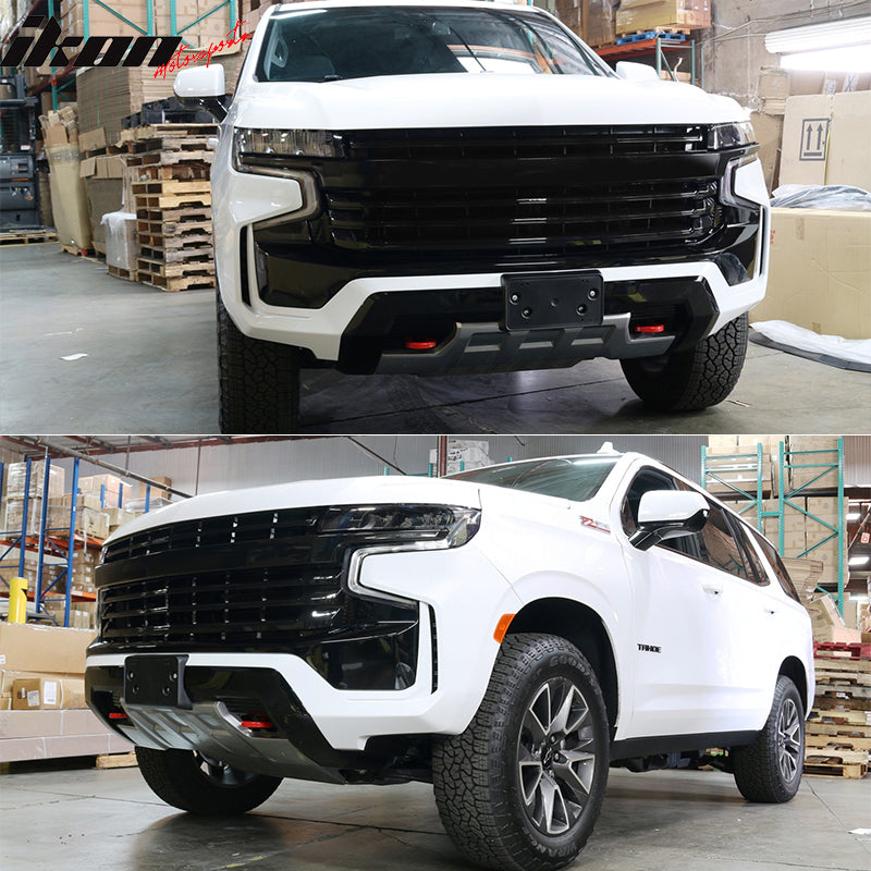 IKON MOTORSPORTS Front Upper Grille, Compatible with 2021-2023 Chevy Tahoe & Suburban, Gloss Black ABS Plastic Replacement Front Bumper Hood Grill 1PC