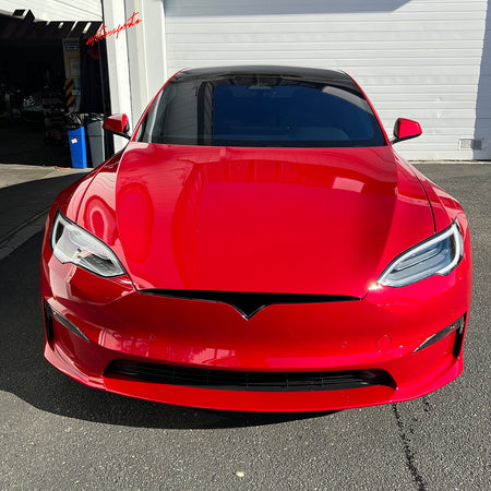 IKON MOTORSPORTS, Front Bumper Lip Compatible With 2021-2025 Tesla Model S Sedan 4-Door, Gloss Black Revozport Style Carbon Fiber Add On Air Dam Front Chin Spoiler Lower Valance, 2022