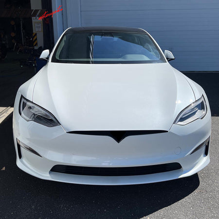 Fits 21-25 Tesla Model S Revozport Carbon Fiber Front Bumper Spoiler Gloss Black