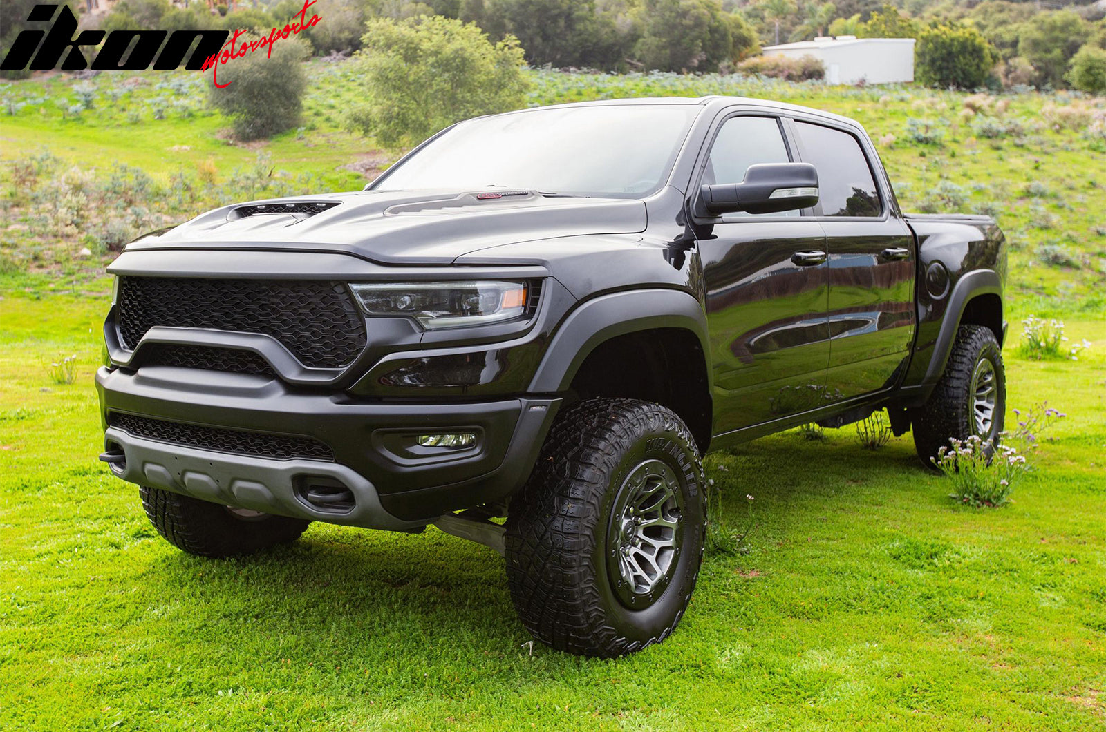 IKON MOTORSPORTS Front Upper Grille, Compatible with 2021-2024 Ram 1500 TRX Only, OE Style Matte Black ABS Plastic Replacement Front Bumper Hood Mesh Grill Without Camera Hole