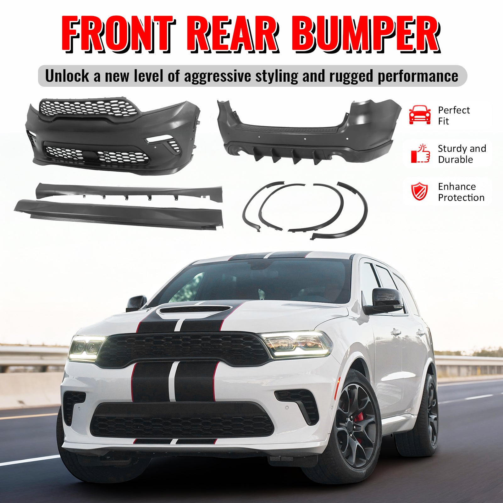 Fits 21-25 Dodge Durango Hellcat Style Front & Rear Bumper Cover W/V1 Diffuser