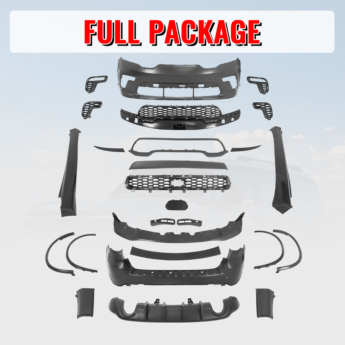 Fits 21-25 Dodge Durango Hellcat Style Front & Rear Bumper Cover W/V1 Diffuser