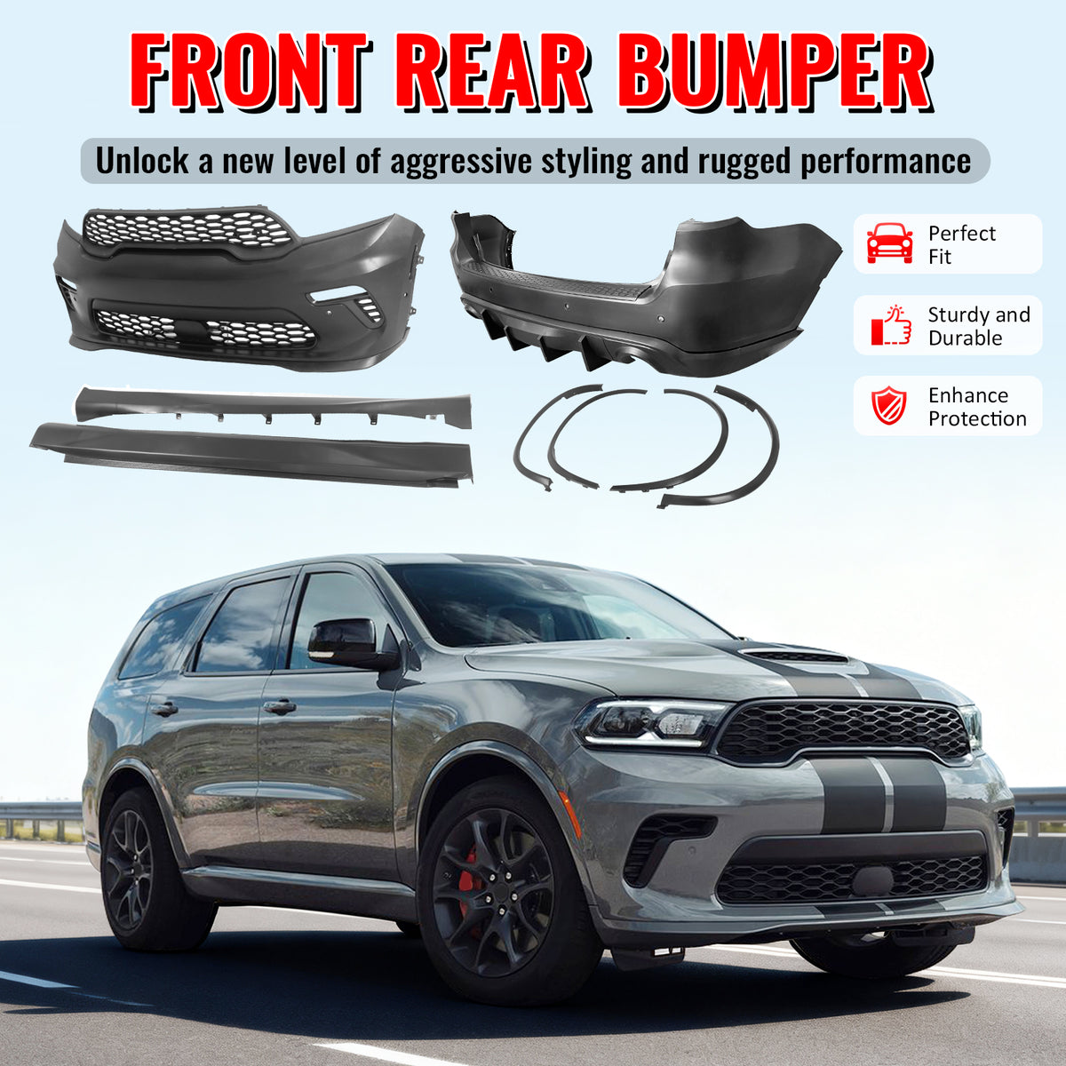 Fits 21-25 Dodge Durango Hellcat Style Front & Rear Bumper Cover W/V2 Diffuser
