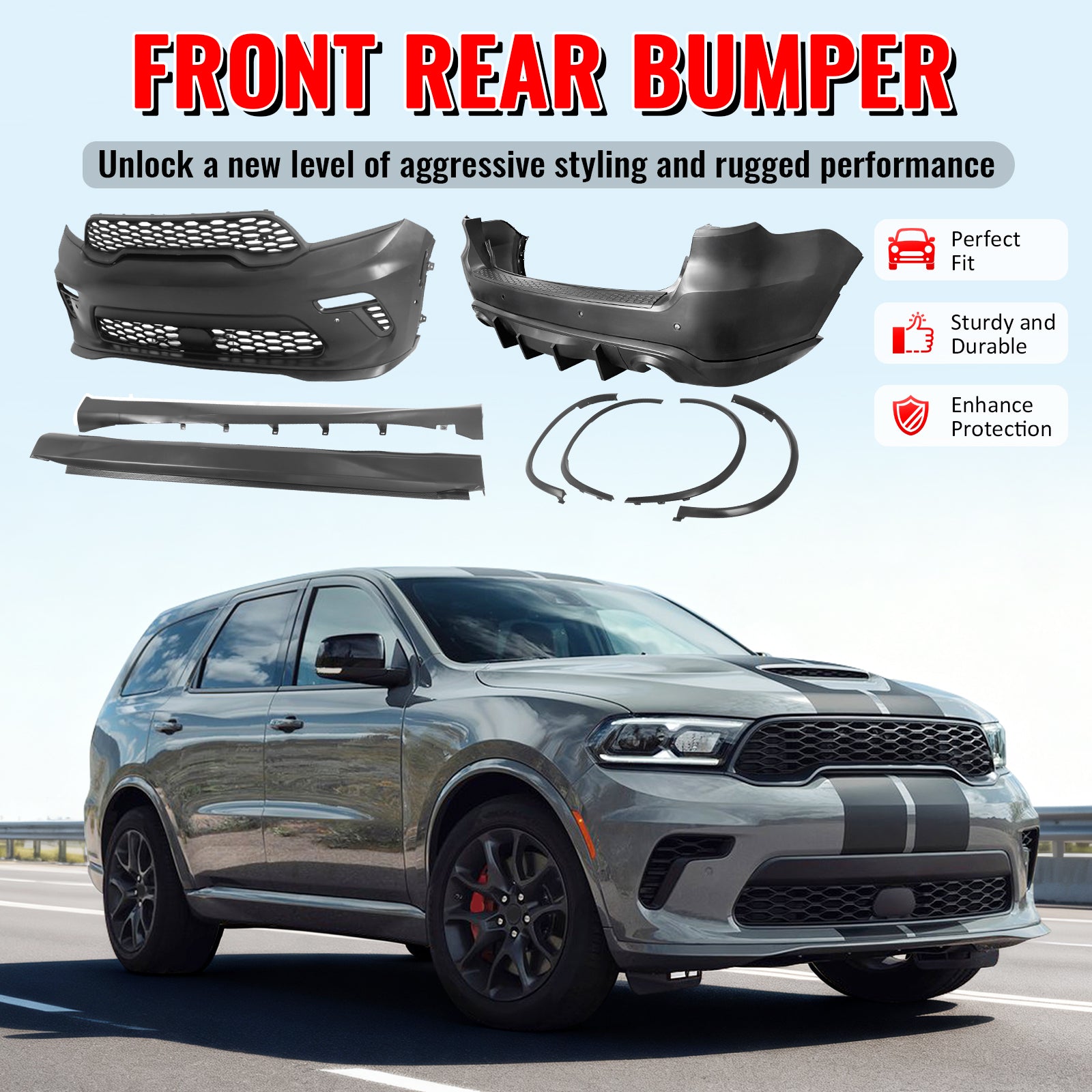 Fits 21-25 Dodge Durango Hellcat Style Front & Rear Bumper Cover W/V2 Diffuser