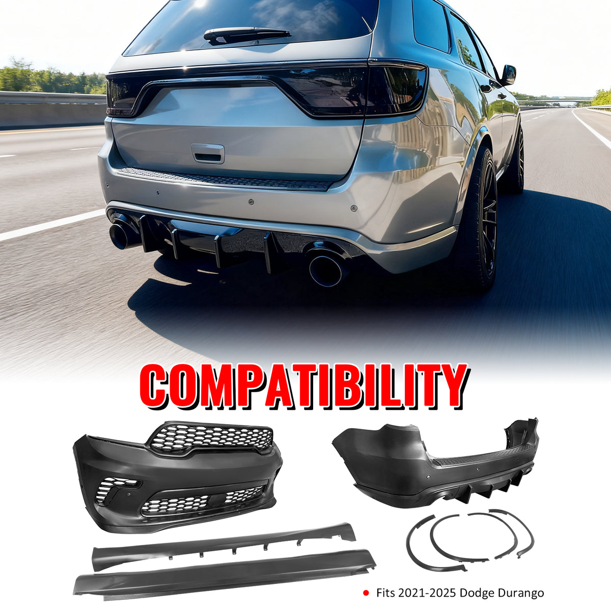 Fits 21-25 Dodge Durango Hellcat Style Front & Rear Bumper Cover W/V2 Diffuser