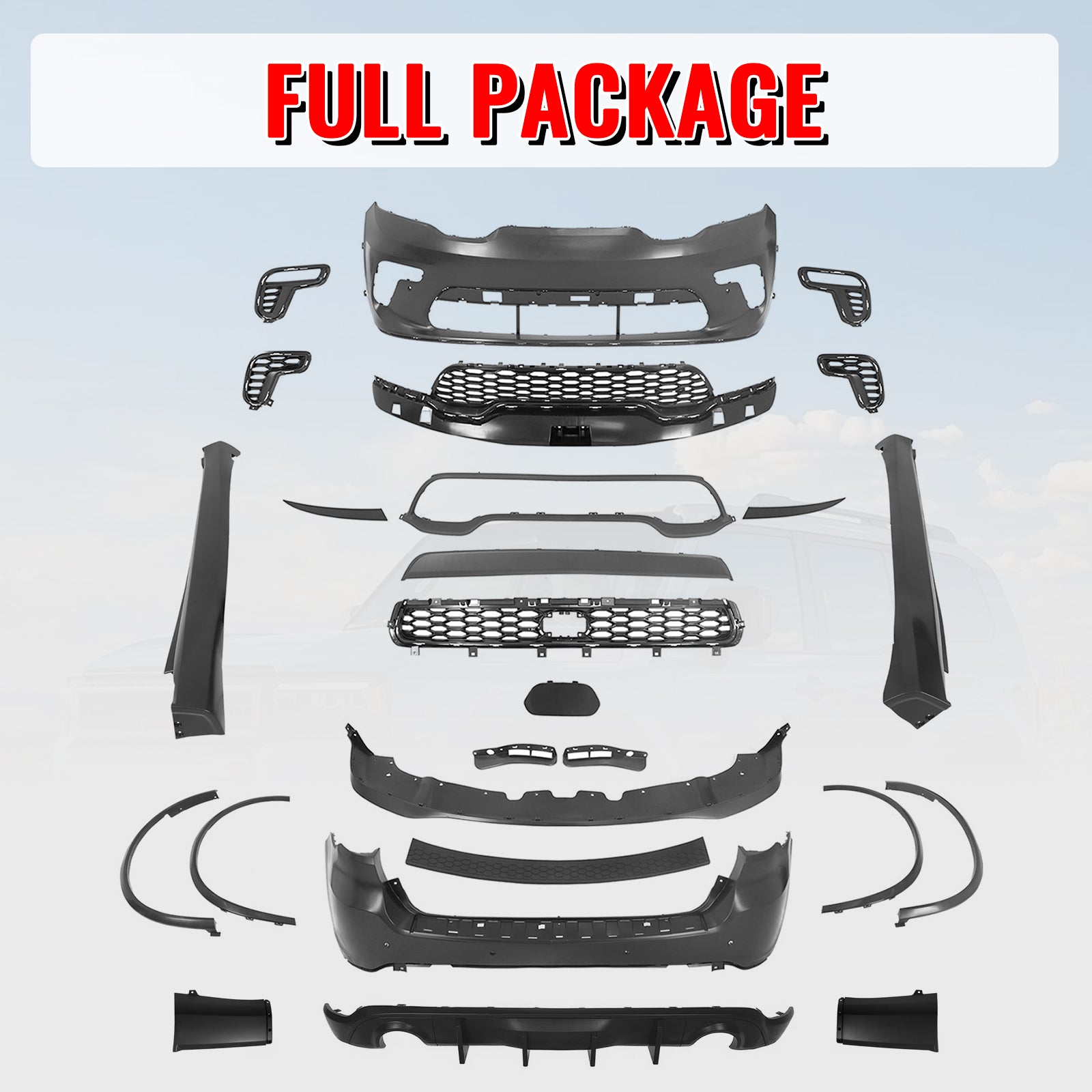 Fits 21-25 Dodge Durango Hellcat Style Front & Rear Bumper Cover W/V2 Diffuser