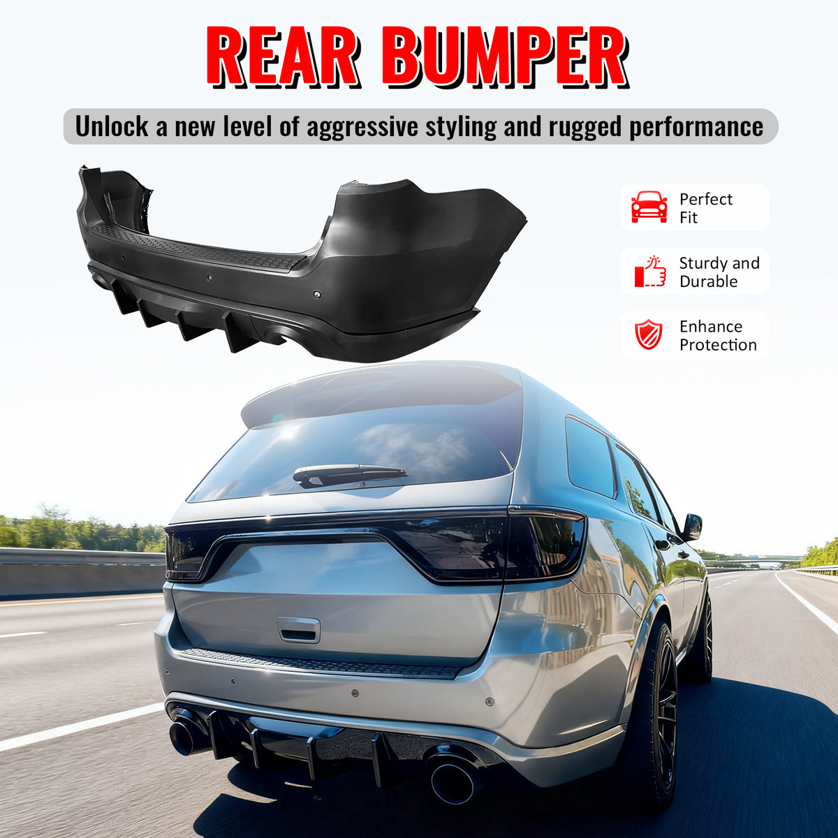 Fits 21-25 Dodge Durango Hellcat Rear Bumper Cover W/V2 Diffuser + Step Plate