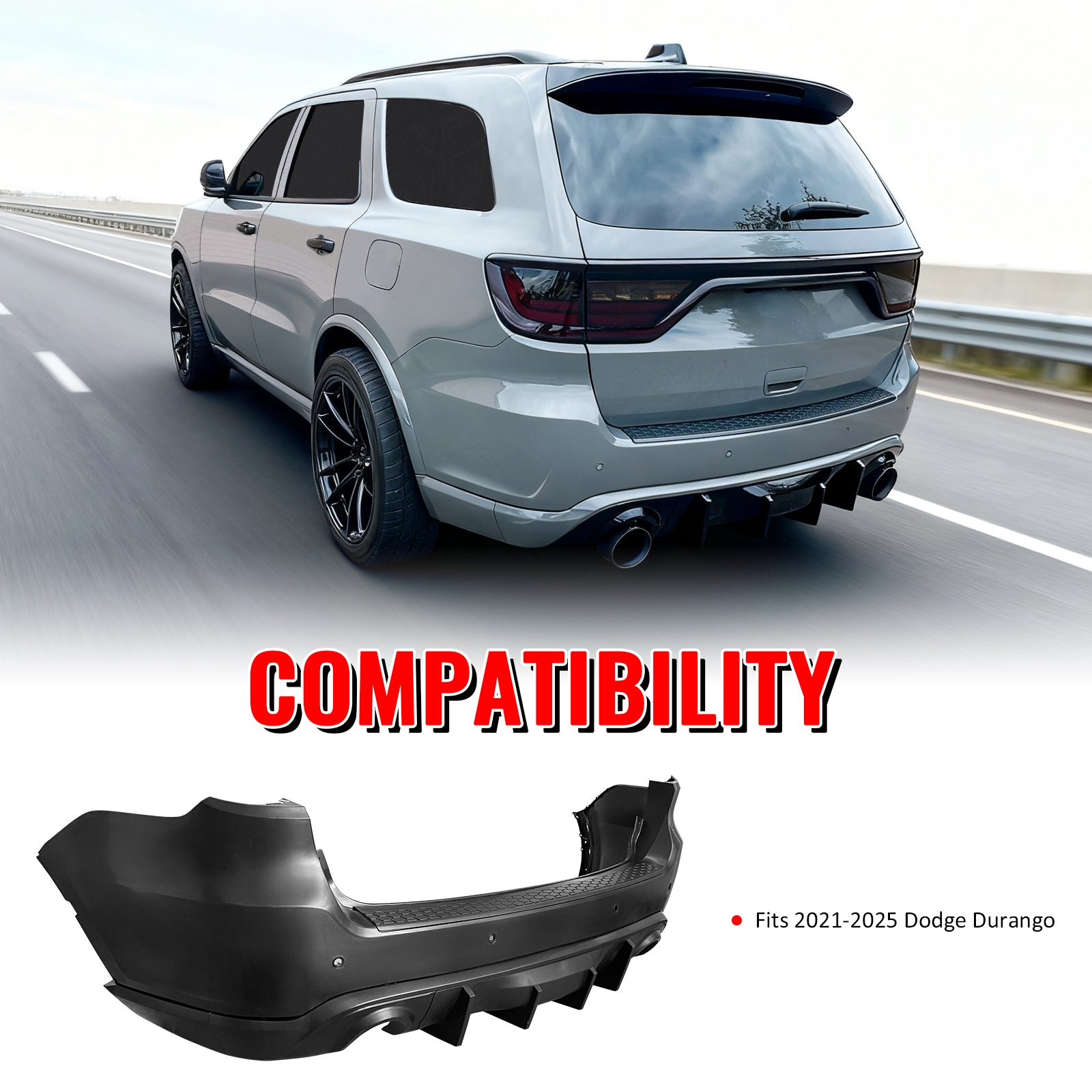 Fits 21-25 Dodge Durango Hellcat Rear Bumper Cover W/V2 Diffuser + Step Plate