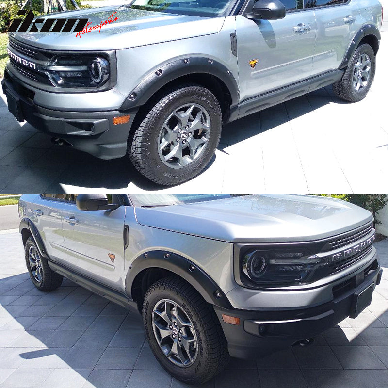 IKON MOTORSPORTS, Fender Flares Compatible With 2021-2026 Ford Bronco Sport, Pocket Style PP Injection Fender Flares Wheel Cover Textured Black 6PC