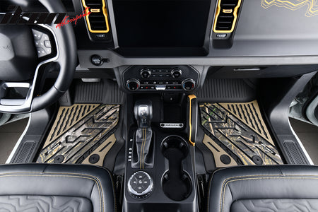 IKON MOTORSPORTS 3D TPE Floor Mats, Compatible with 2021-2025 Ford Bronco 4-Door, All Weather Waterproof Non-Slip Floor Liners, Front & 2nd Row Full Set Car Interior Accessories, Black With Camouflage