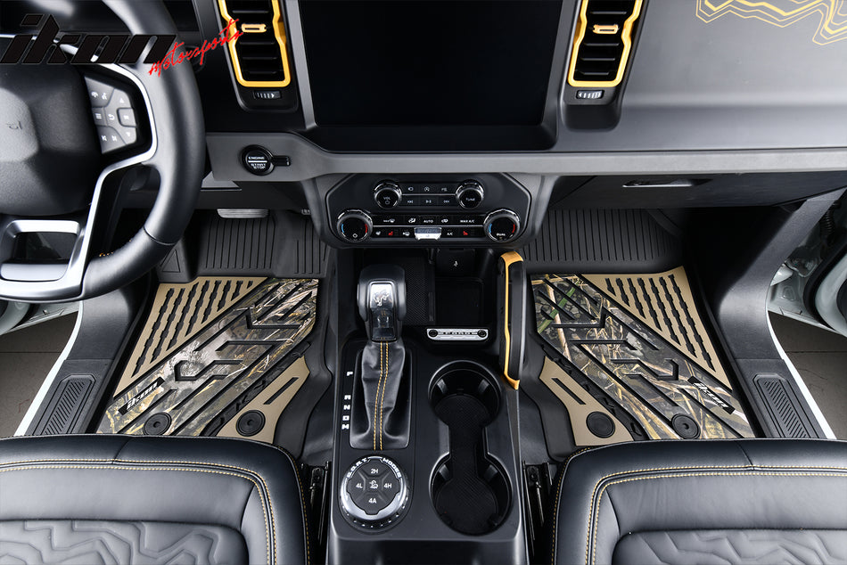 IKON MOTORSPORTS 3D TPE Floor Mats, Compatible with 2021-2025 Ford Bronco 4-Door, All Weather Waterproof Non-Slip Floor Liners, Front & 2nd Row Full Set Car Interior Accessories, Black With Camouflage
