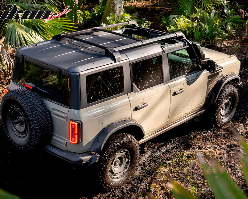 IKON MOTORSPORTS, Roof Rack W/ Side Rails Bars Compatible With 2021-2025 Ford Bronco All Models, Black Top Roof Rack Cross Bar Cargo Luggage Carrier Aluminum