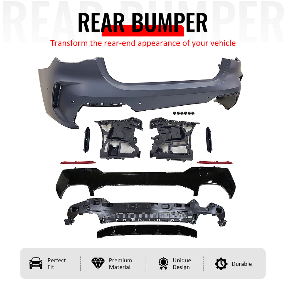 IKON MOTORSPORTS Rear Bumper Cover, Compatible with 2021-2026 BMW 4-Series G22 Coupe/G23 Convertible 430i/M440i, M440i Style Unpainted Black PP Replacement Bumper Conversion Bodykit with Diffuser