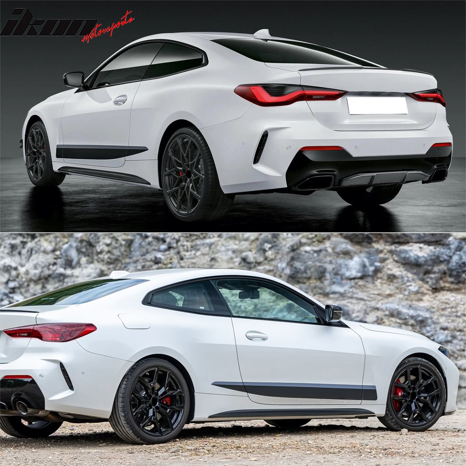 IKON MOTORSPORTS, Side Skirts Extension Compatible with 2021-2025 BMW 4-Series G22 Coupe/G23 Convertible (Not Fit Gran Coupe), MP Style Unpainted Black Rocker Panel Splitter Side Underbody Spoiler 4PC