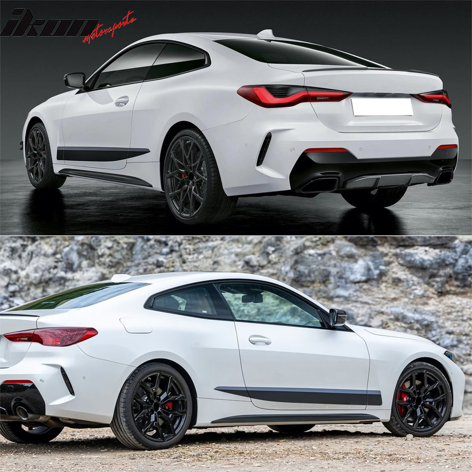 IKON MOTORSPORTS, Side Skirts Extension Compatible with 2021-2025 BMW 4-Series G22 Coupe/G23 Convertible (Not Fit Gran Coupe), MP Style Unpainted Black Rocker Panel Splitter Side Underbody Spoiler 4PC